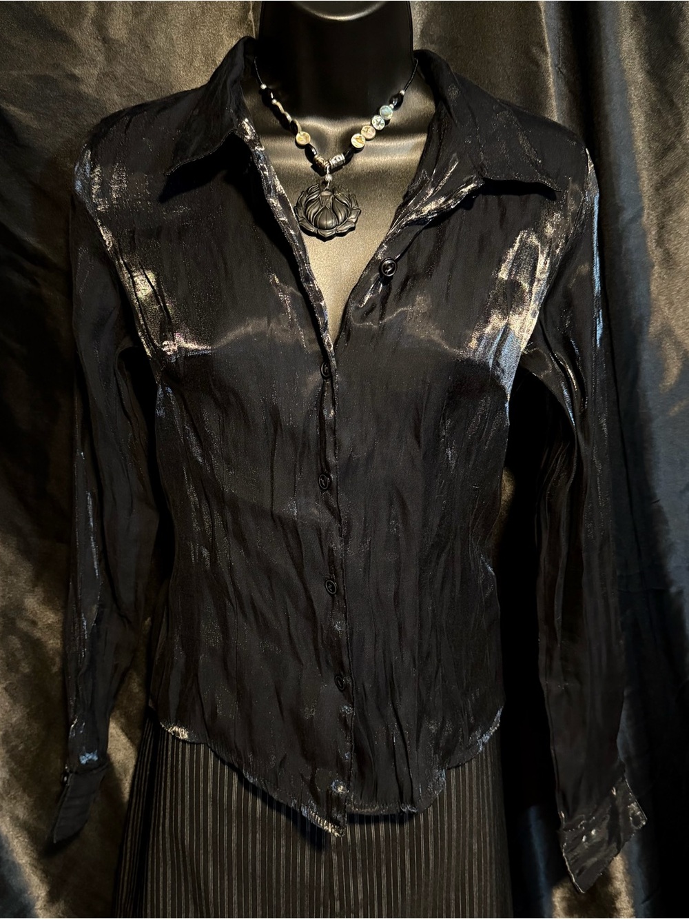 Wrapper Black Shimmery Button-Down Shirt